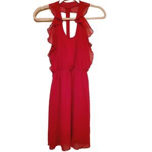 Aggie womens red retro ruffle chiffon open back knee length flowy dress small